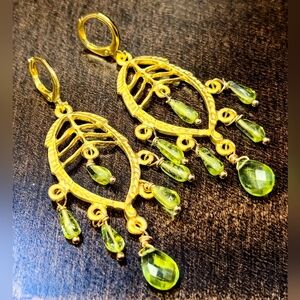 Genuine Peridot In Leaf Chandelier In Gold Plated Grecian Inspired Earrings